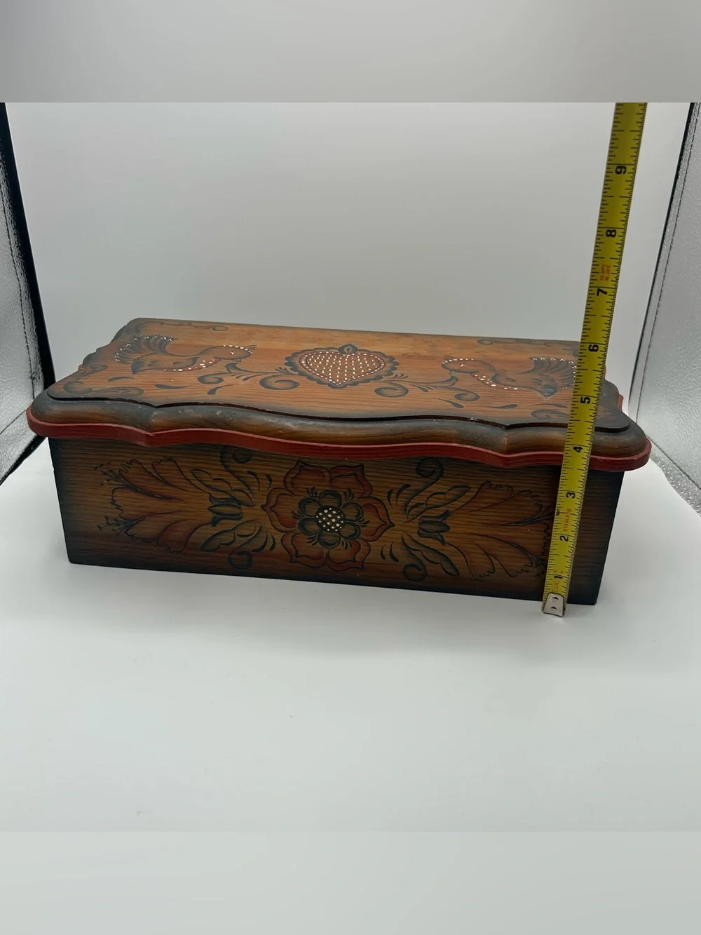 Vtg Tole Painted Wooden Trunk Box Folk Art Floral Heart Cottagecore Primitive